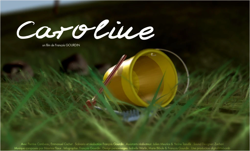 Affiche de Caroline : un seau jaune, un pinceau et une brosse dans l’herbe.