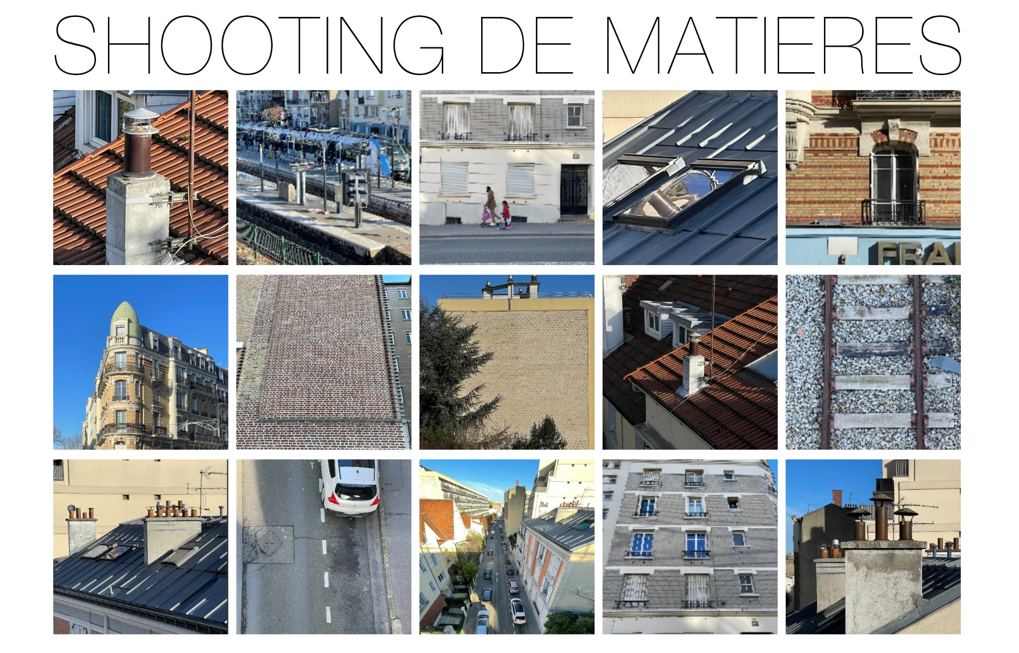 Planche de photographies de murs, toits et façades.
