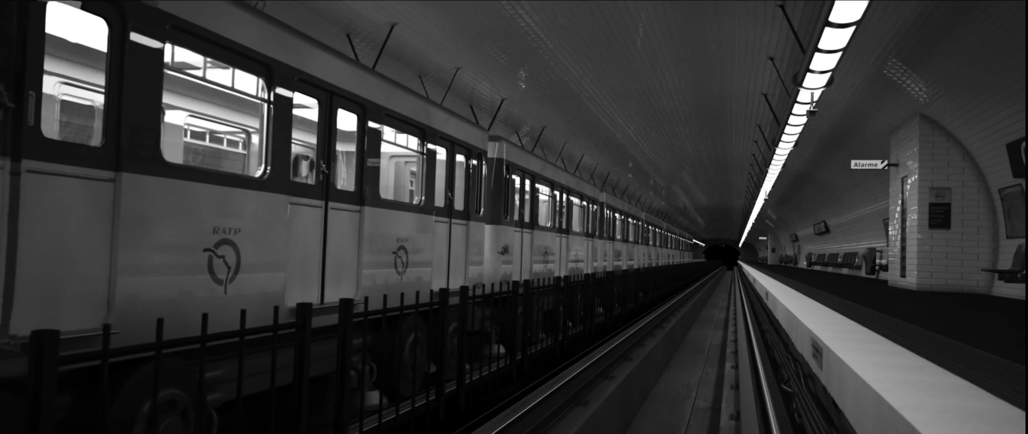 Une rame de métro, en noir et blanc.