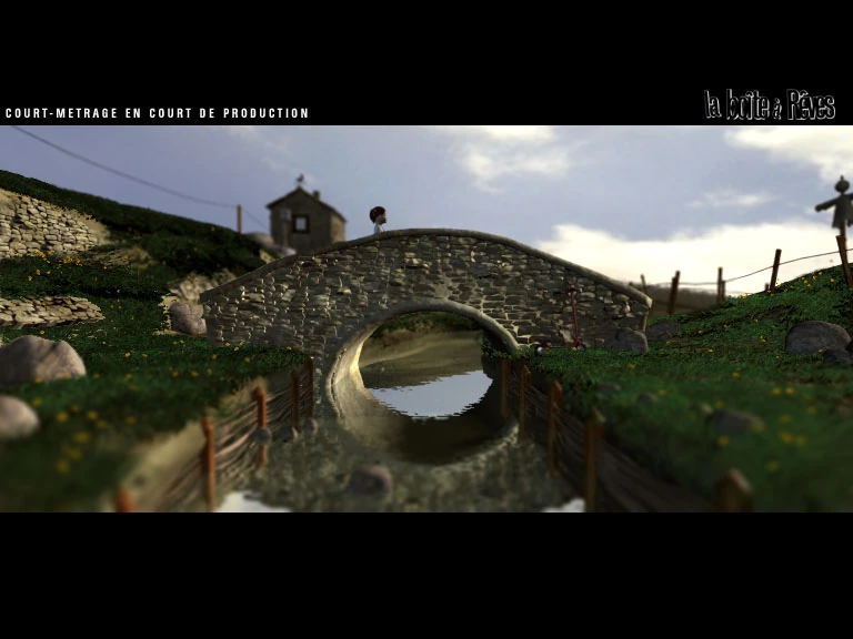 Un pont de pierre, avec un personnage, dans un rendu en 3D de Caroline.